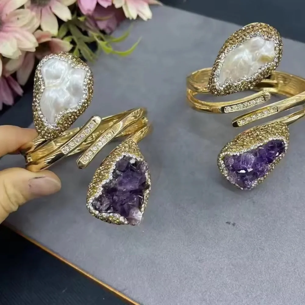 Natural Stone Amethyst & Baroque Pearl Gold Cuff Bracelet - Picture 9 of 17